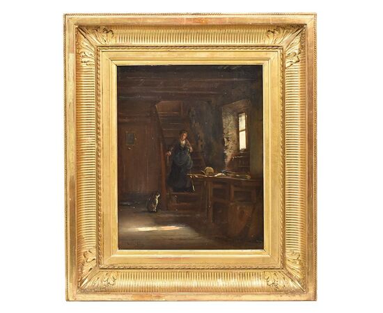 ANTIQUE PAINTINGS, INTERIOR WITH WOMAN AND CAT, OIL ON TABLE, DELL 800. (QRIN274)     