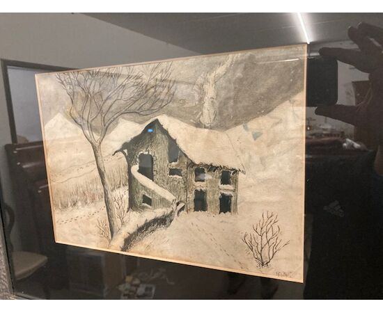 Antico Dipinto  fine 800 Alessandro Castelli casa con neve   firmato. Misu 50 x 42 
