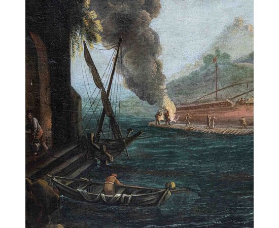 Coastal landscape and ships under repair, painter active in Rome at the end of the 17th century     