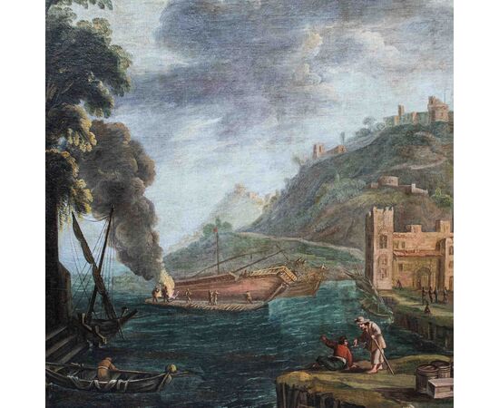Paesaggio costiero e navi in riparazione, pittore attivo a Roma alla fine del XVII secolo