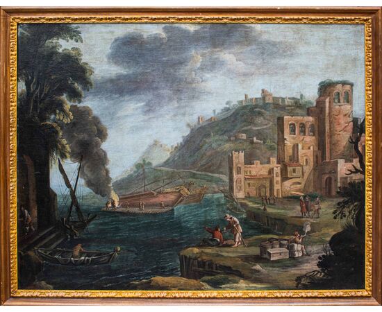 Paesaggio costiero e navi in riparazione, pittore attivo a Roma alla fine del XVII secolo
