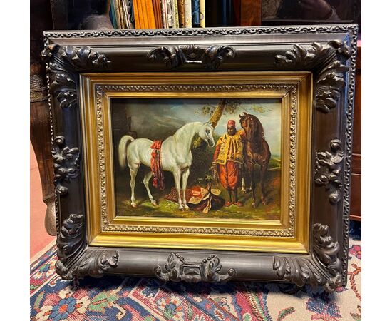 Gustavo Holte Attivo nel XIX-XX Secolo. Figura di moro con cavalli. Firmato in basso a destra G.Holte Olio su tela, cm 35x25.