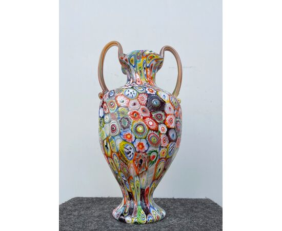 Large murrina vase with two handles. Brothers Toso Murano.     