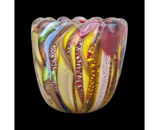 Heavy sommerso glass jar with lobed upper edge and multicolored aventurine, zanfiric and filigree inserts.AVe.M.Murano manufacture.     