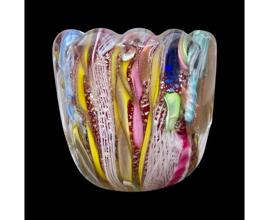 Heavy sommerso glass jar with lobed upper edge and multicolored aventurine, zanfiric and filigree inserts.AVe.M.Murano manufacture.     