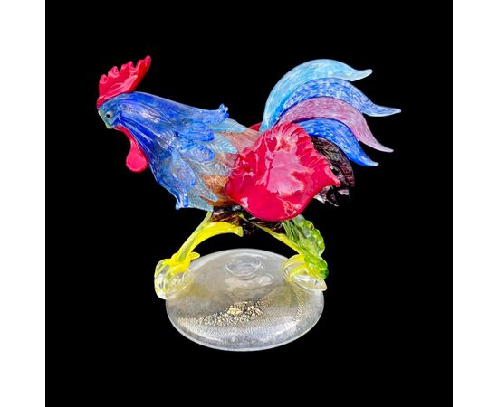 Heavy multicolored glass rooster with gold leaf insertion A.Ve.M. Murano.     