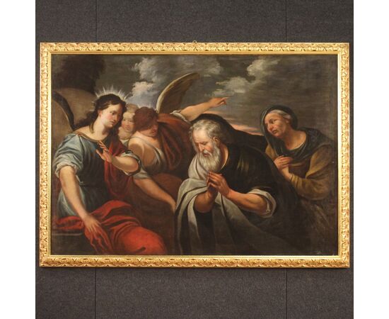 Antique painting of the 18th century, Abraham and the angels