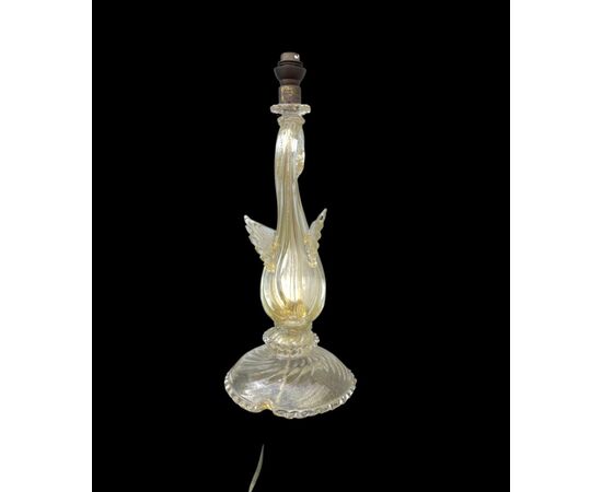 Lampada in vetro soffiato con inclusione foglia oro raffigurante cigno.Manifattura Barovier &Toso.Murano.