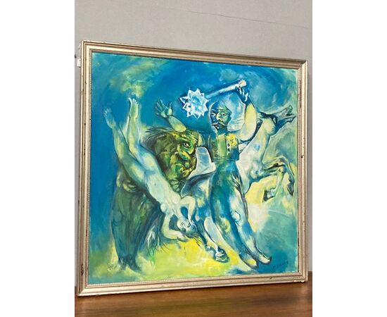Olio su tela dipinto composizione surrealistica firmato XHAVO 91 mis 87 x cm 87 