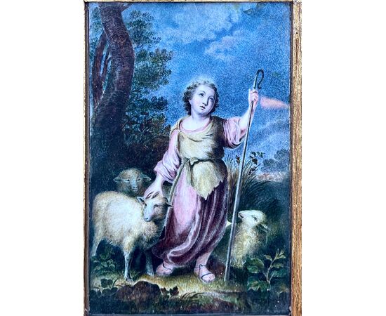 Dipinto olio raffigurante giovane pastore con tre pecore in ambiente agreste.Francia.
