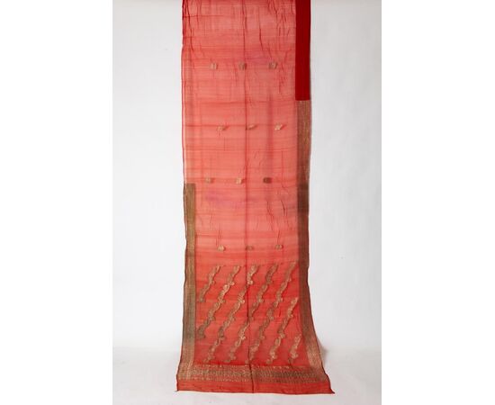 Antique coral colored Indian Sari     