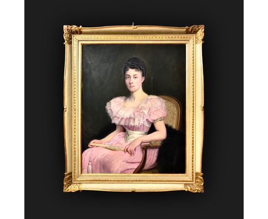 Dipinto olio su tela raffigurante figura femminile seduta con ventaglio.Francia.Firma : D’après L.Galuac 1894.