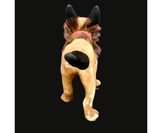 Modello di bulldog francese in papier mache’ con testa basculante e bocca apribile con suono tramite catena.