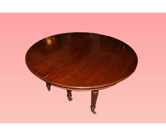 Tavolo circolare allungabile inglese di inizio 1800 stile Regency in legno di mogano con allunghe