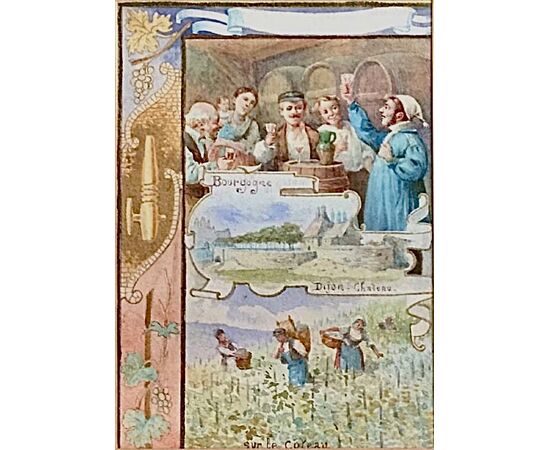 serie di 6 tempere su carta incorniciate con scene sulla produzione del vino.Francia.E.Auger. Cm 20,5x17,5 ( con cornice). Cm 11x7,5 ( senza cornice)