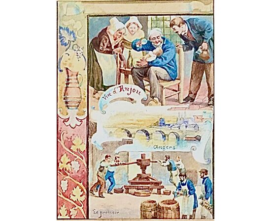 serie di 6 tempere su carta incorniciate con scene sulla produzione del vino.Francia.E.Auger. Cm 20,5x17,5 ( con cornice). Cm 11x7,5 ( senza cornice)