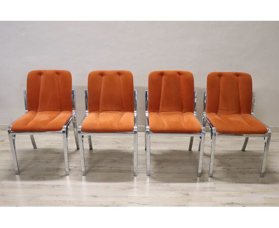 Sedie da pranzo in metallo cromato e velluto arancione, anni '70, set di 4 PREZZO TRATTABILE