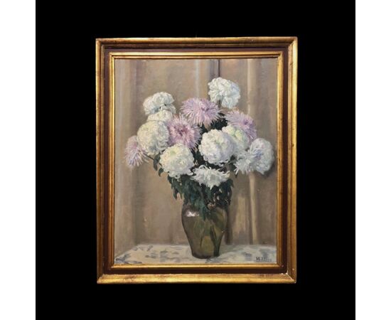 Dipinto olio su tela raffigurante vaso con fiori.Firma:M.Perey.Francia.