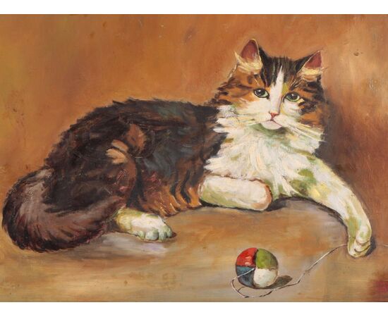 Dipinto Olio su tela con gatto e gomitolo di inizio 1900 firmato 