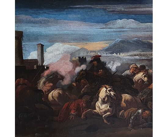 Antico dipinto Marzio Masturzio scena di battaglia