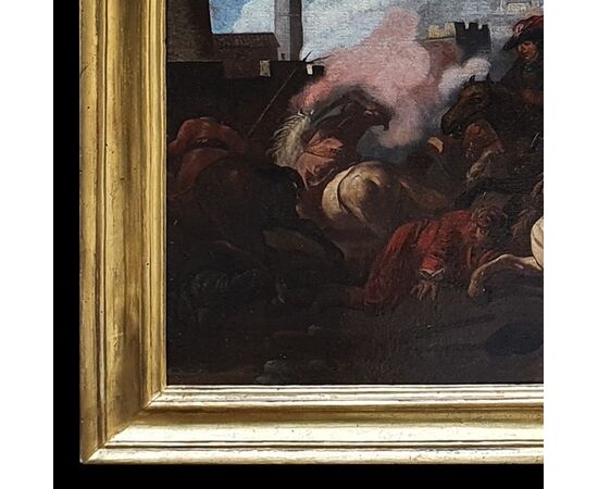 Antico dipinto Marzio Masturzio scena di battaglia