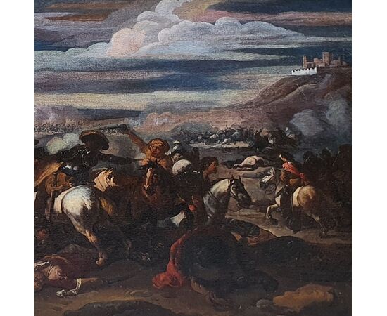 Ancient oil painting on canvas Marzio Masturzio, battle scene     
