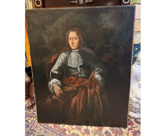 Pittore del XVIII secolo. Ritratto di gentiluomo con levriero. Olio su tela cm 110x90.