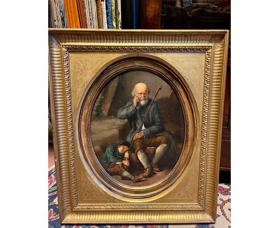 Pittore del XIX secolo. Vecchio con bambino.  Olio su tavola ovale dentro cornice dorata, cm 45x35. 