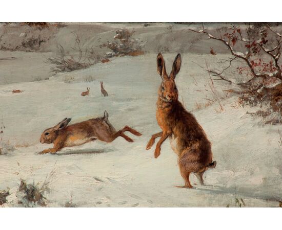 Carl Friedrich Deiker, Rabbits in the Snow, 1872, Signed and dated     