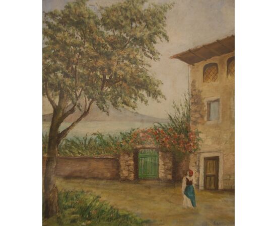 Antique Italian painting from the early 1900s oil on canvas Country landscape     