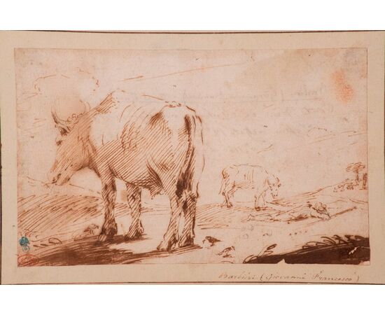 Attributed to Giovanni Francesco Barbieri known as Guercino, Shepherd with his cows, drawing in sanguine     