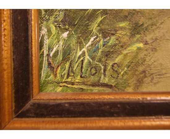 Antico quadro firmato Valois del 1800 paesaggio con pastore gregge e mulino