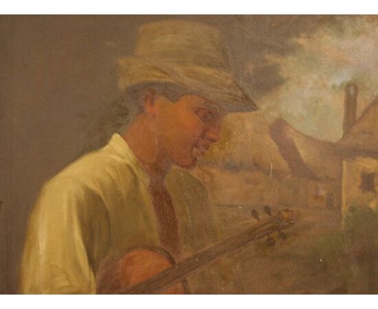 Antique painting from 1900 oil on cardboard &quot;Boy with guitar&quot;     