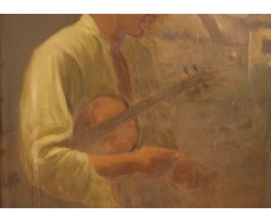 Antico quadro del 1900 olio su cartoncino "Ragazzo con chitarra"