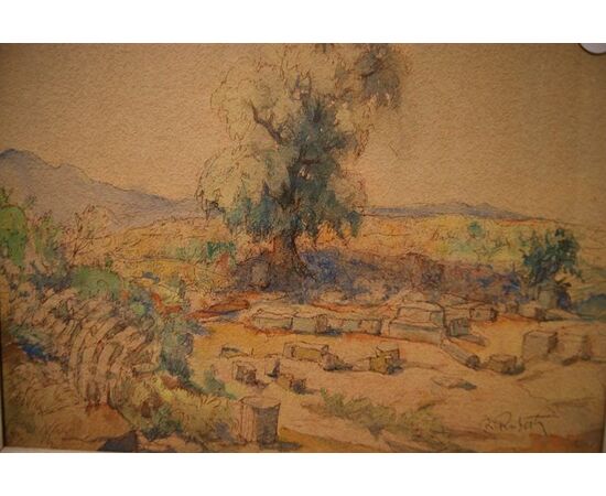 Pastel on cardboard from the early 1900s depicting ruins by R. Ruberti     