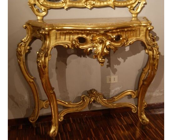 Antique Louis XV 10-piece living room from 1800 in gold leaf wood Mirror console table sofa armchairs chairs and coffee table     