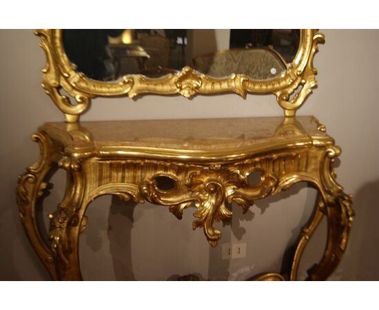 Antico salotto 10 pezzi Luigi XV del 1800 in legno foglia oro Specchiera consolle divano poltrone sedie e tavolino