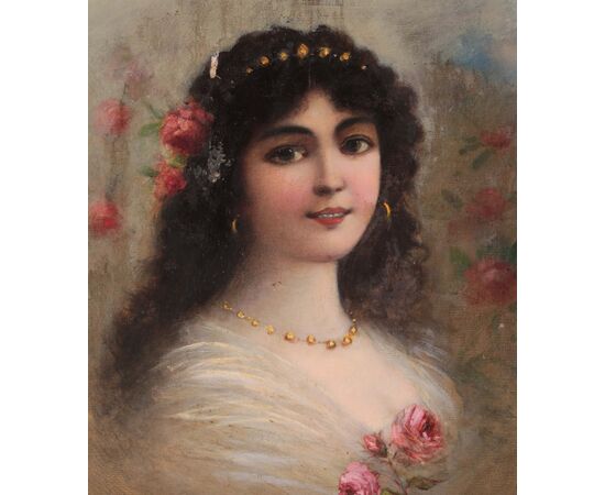 Antico dipinto ritratto di donna con rose olio su tela