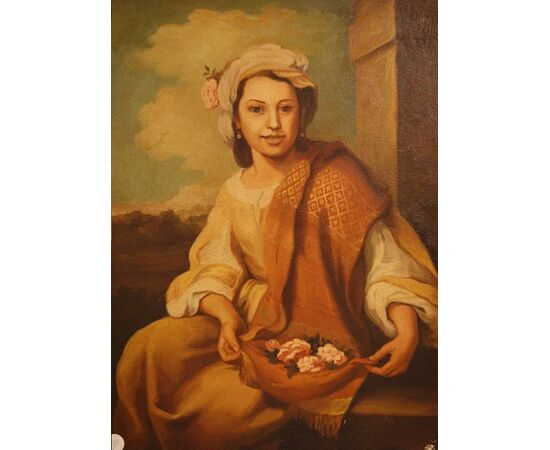 Antique Italian oil painting on canvas from 1900 &quot;Woman with flowers&quot;     