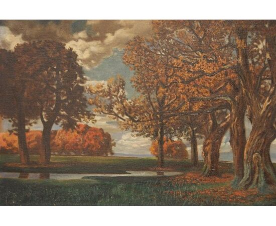 Antico quadro olio su tela raffigurante bosco in autunno firmato del 1900