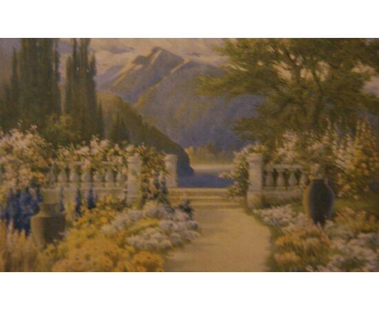 Acquerello inglese del 1800 paesaggio "Giardino" con lago e montagne 