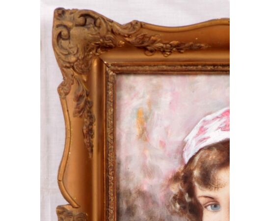 Antico quadro del 1800 olio su tela raffigurante giovane donna