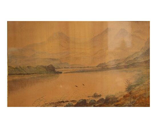 Antico pastello inglese del 1800 veduta di corso d'acqua con montagne