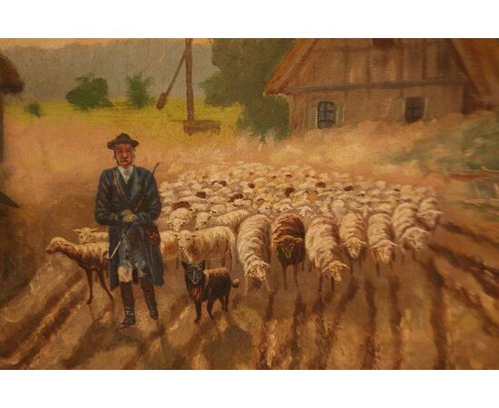 Antico quadro inglese del 1800 olio su tela raffigurante pastore con pecore