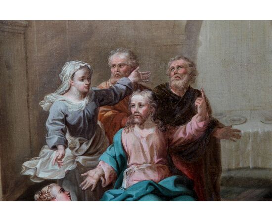 Olio su tela raffigurante Gesù tra le donne del 1800 Francese