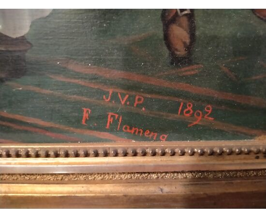 Olio su tavola di J.V.P. (François Flameng) raffigurante scena d' interni con famiglia in salotto