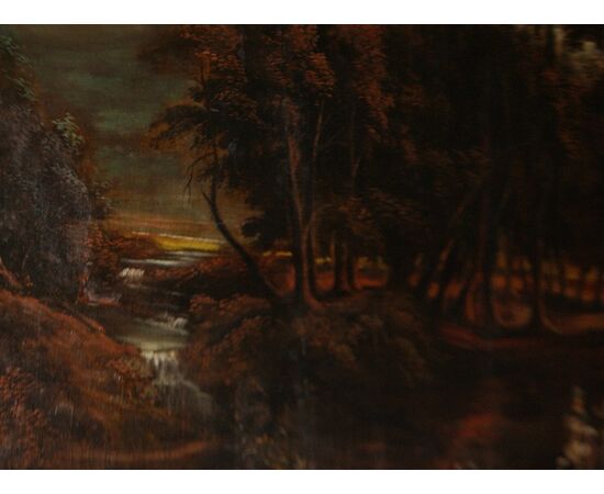 Maestoso olio su tela 2.5 metri raffigurante paesaggio con personaggi al tramonto