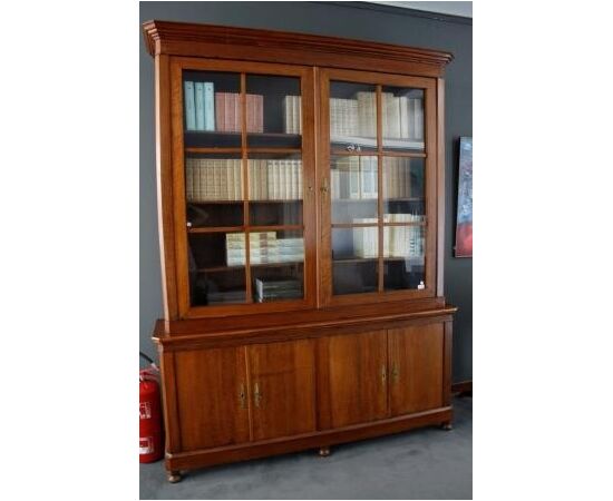 Libreria stile impero del 1800 francese doppio corpo in legno tinto noce