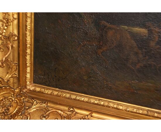 Olio su tela francese del 1800 raffigurante Bosco con coppia di Cervi