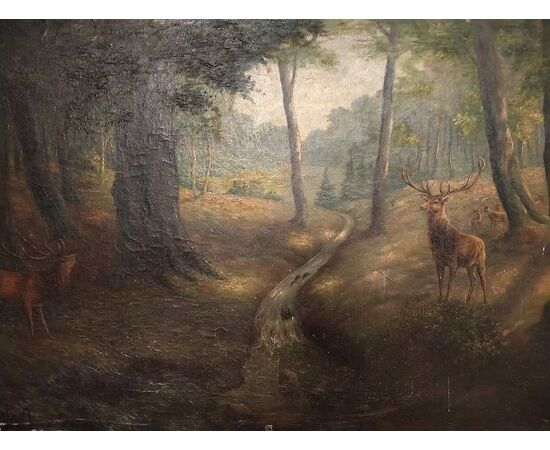Olio su tela Nord Europa del 1800 raffigurante bosco corso d'acqua e cervi